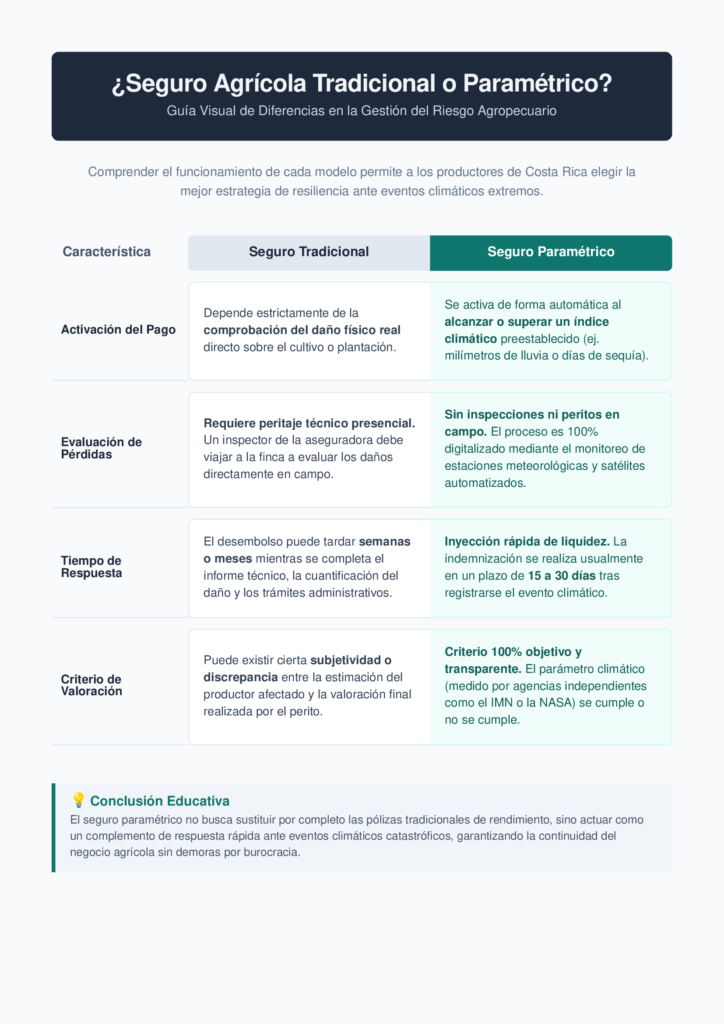 Infografía comparativa entre el seguro agrícola tradicional y el seguro paramétrico basado en índices climáticos en Costa Rica.